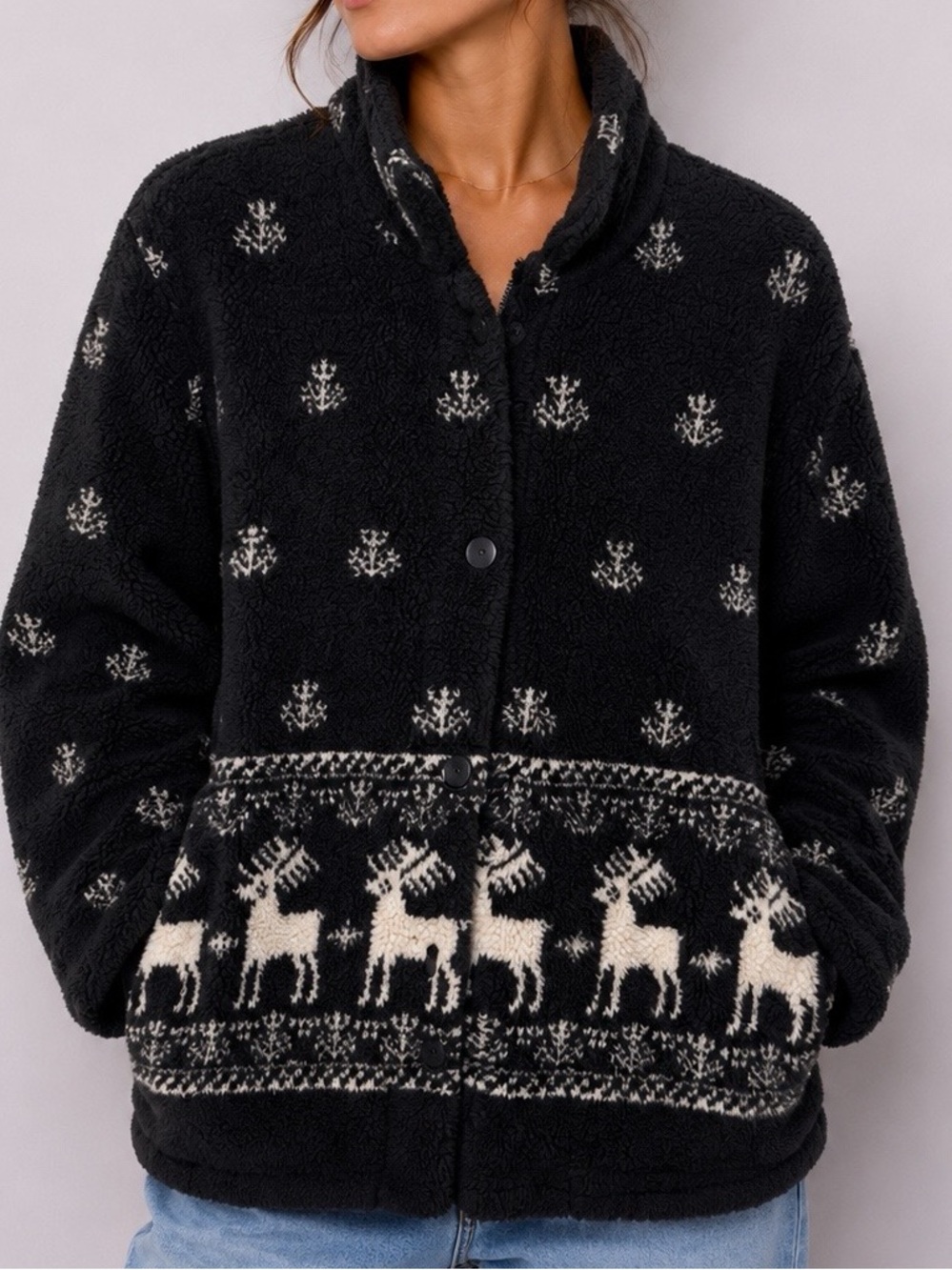 Vintage Fleece Sweater Cozy Black WindRiver Sherpa Jacket Winter Christmas Soft